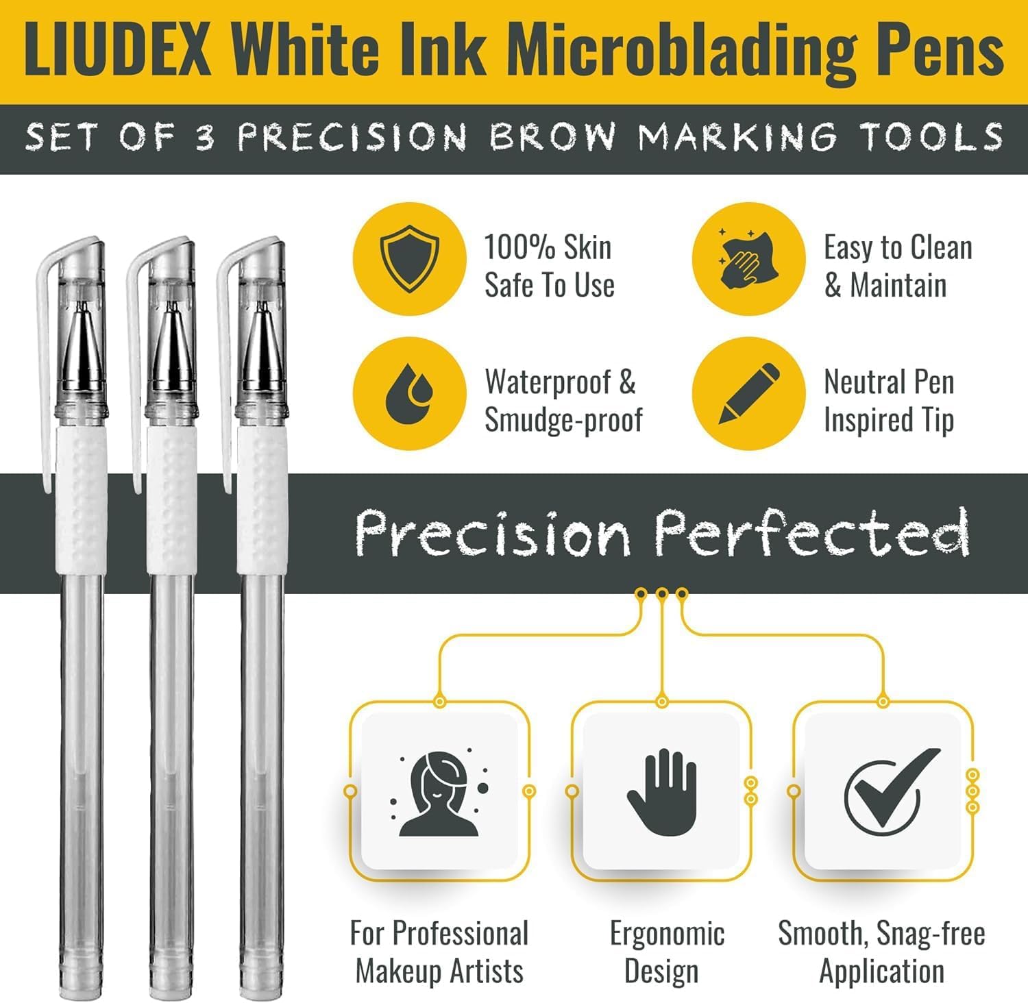 LIUDEX | 3pcs Skin Marker Pen | Eyebrow PMU Microblading Outline Pencil | Felt Pen White Brow Position Mapping Pencil White Marker Pen Beauty SPMU | Permanent Makeup Position Mark Tools