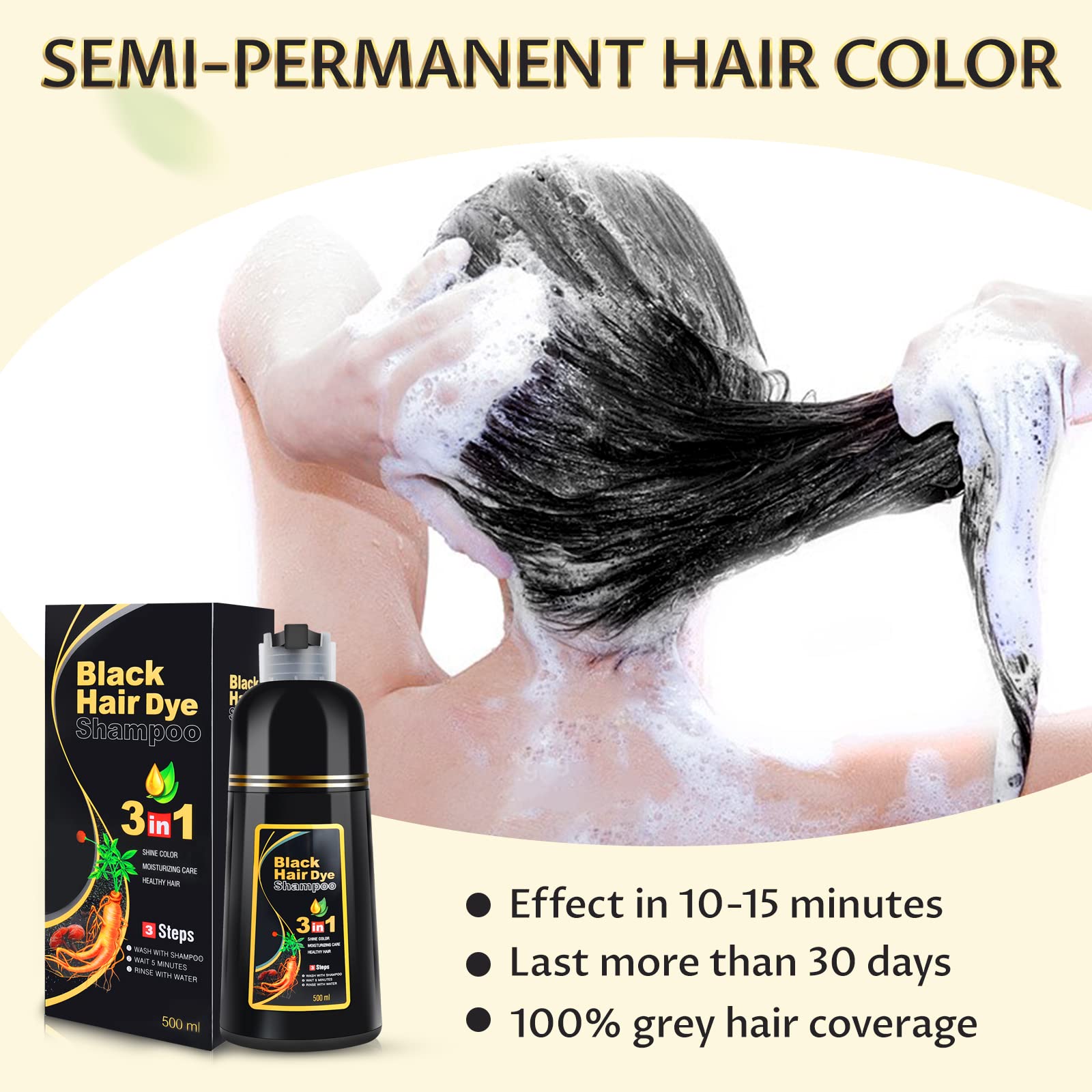 Black Hair Dye Shampoo 3 in 1 for Gray Hair, Hair Color Shampoo for Women and Men, Instant Shampoo Hair dye-100% Grey Hair Coverage (16.9 Fl oz)