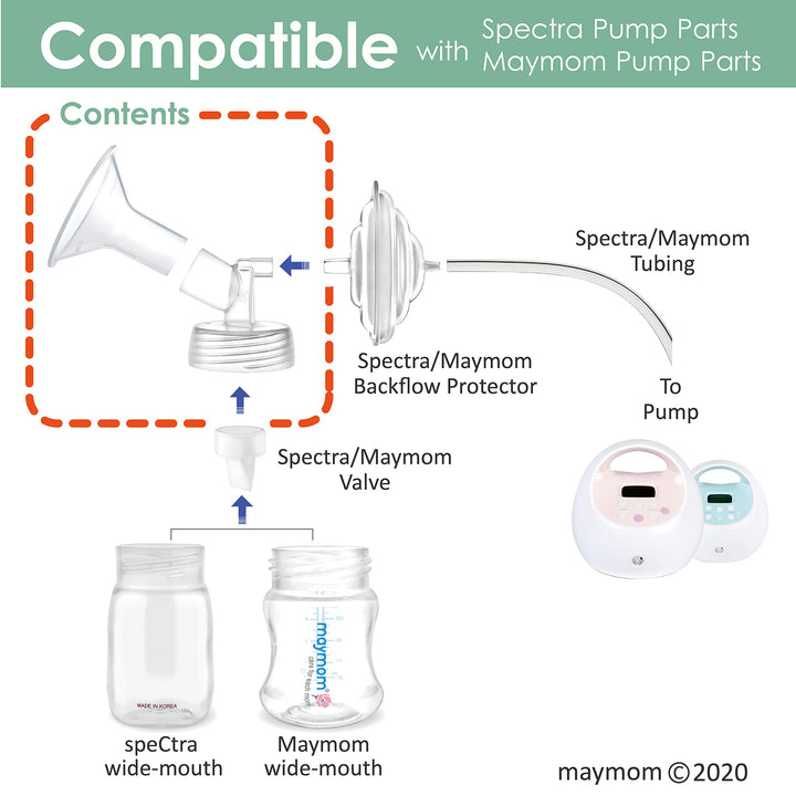 Maymom Two-Piece Wide Neck Pump Parts for Spectra S1/S2 Pumps; Incl Wide Mouth Flanges; Not Original Spectra Flange (15 mm Two Flanges)