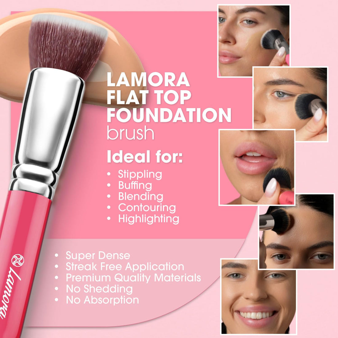 Foundation Makeup Brush Flat Top Kabuki for Face - Perfect For Blending Liquid, Cream or Flawless Powder Cosmetics - Buffing, Stippling, Concealer - Premium Quality Synthetic Dense-Bristles