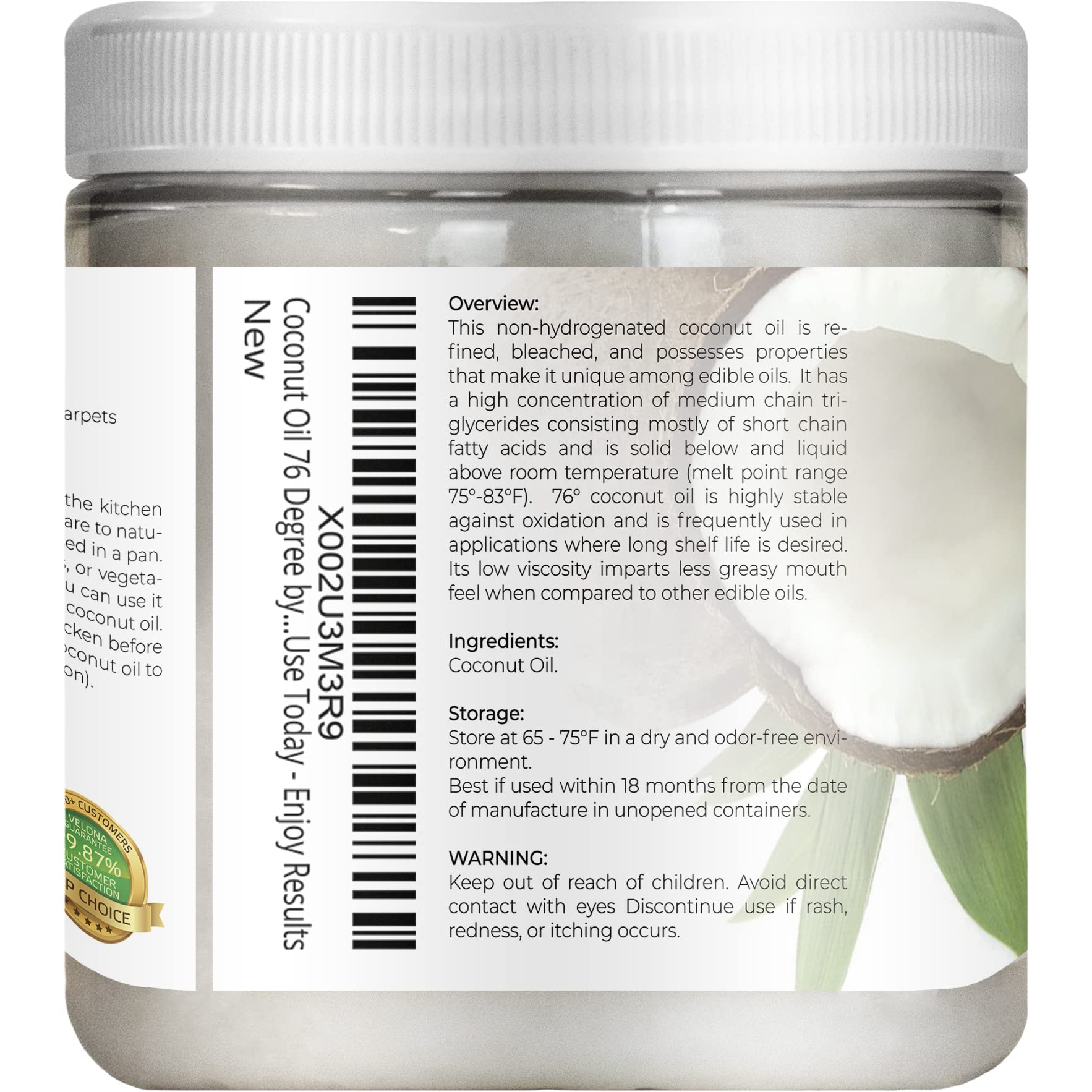 velona Coconut Oil 76 Degree 8 fl oz | 100% Pure and Natural Carrier Oil | in jar | Refined, Cold pressed | Skin, Face, Body, Hair Care | Use Today - Enjoy Results