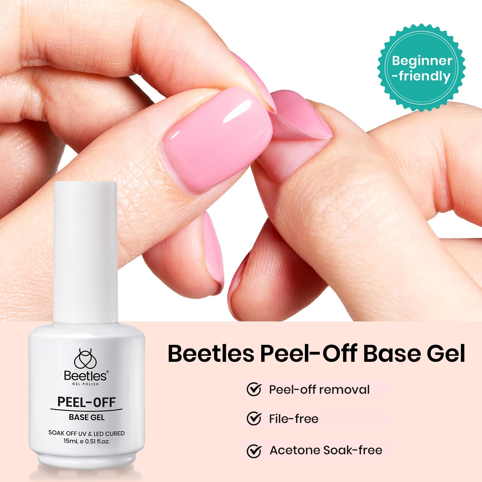 Beetles Peel-Off Gel Base Coat 15ml – Easy Removal Base Gel Nail Polish UV/LED Soak-Off, Damage-Free Low-Odor 7-10 Day Long-Lasting, Beginner & Salon Friendly