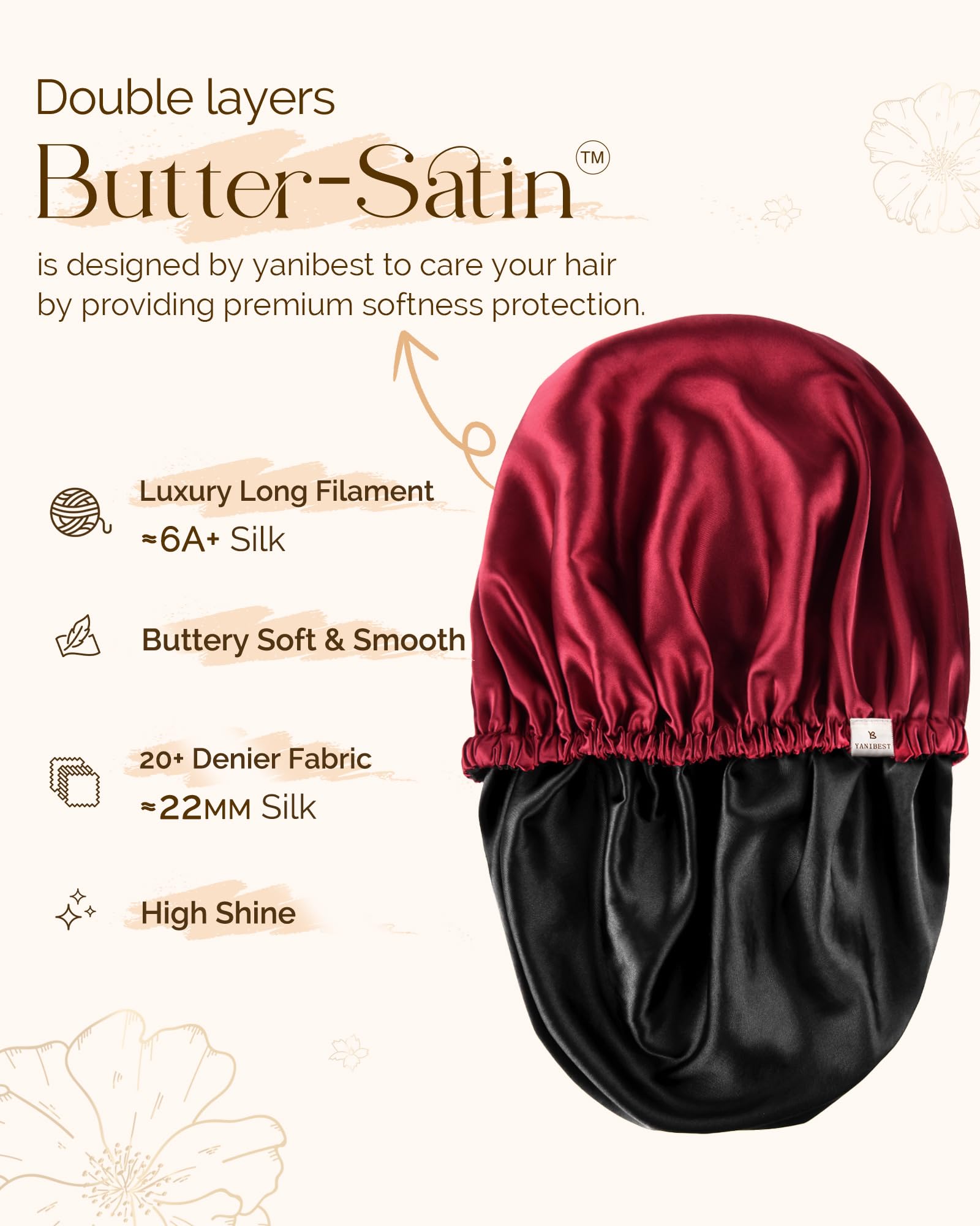 YANIBEST Silk Bonnet Satin Bonnet for Sleeping Women and Men, Adjustable Double Layer Hair Bonnet for Curly Braids Hair