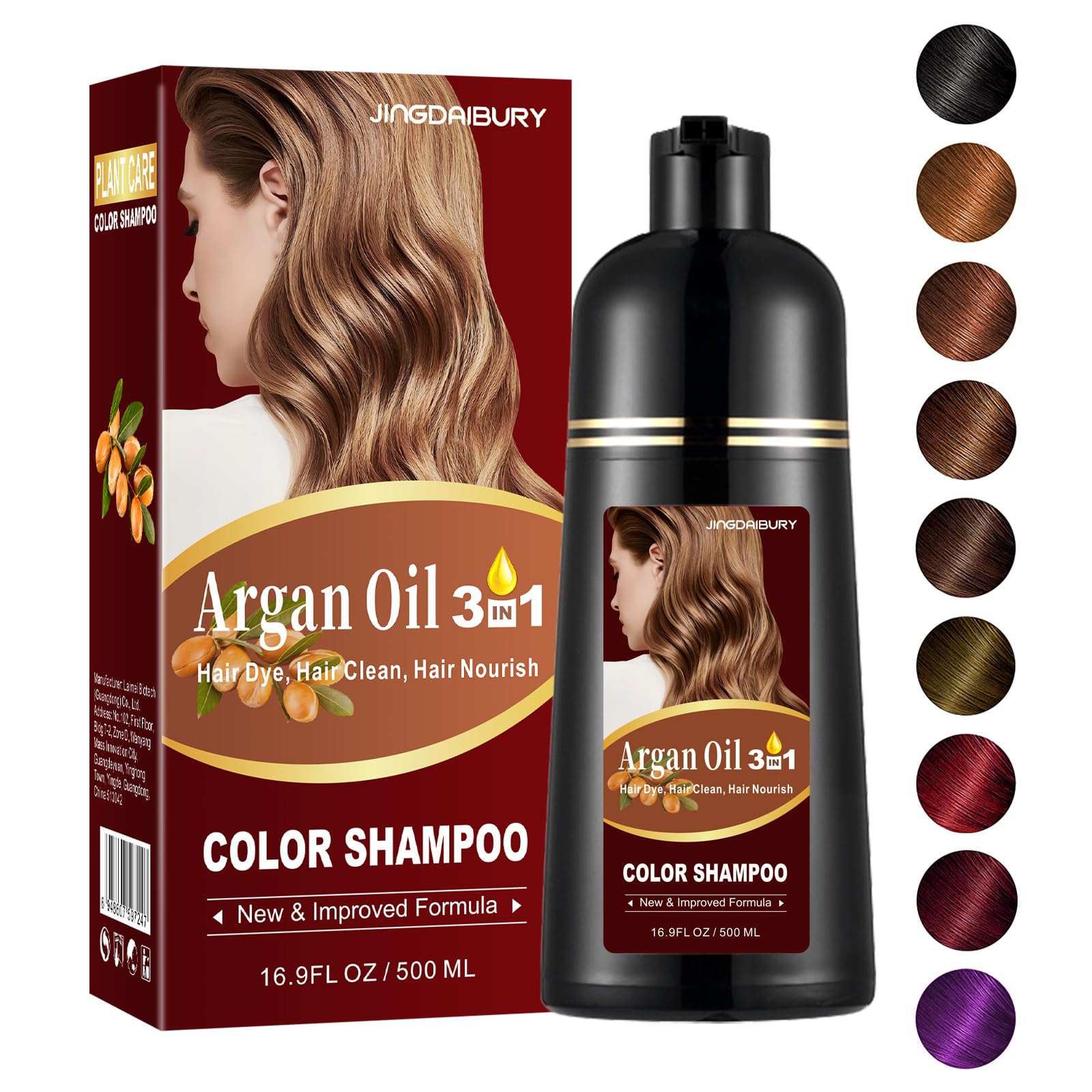 Black Argan Oil Hair Dye - 16.9 Fl Oz, 3 in 1 Semi-Permanent Color Shampoo, Easy To Use (Black)