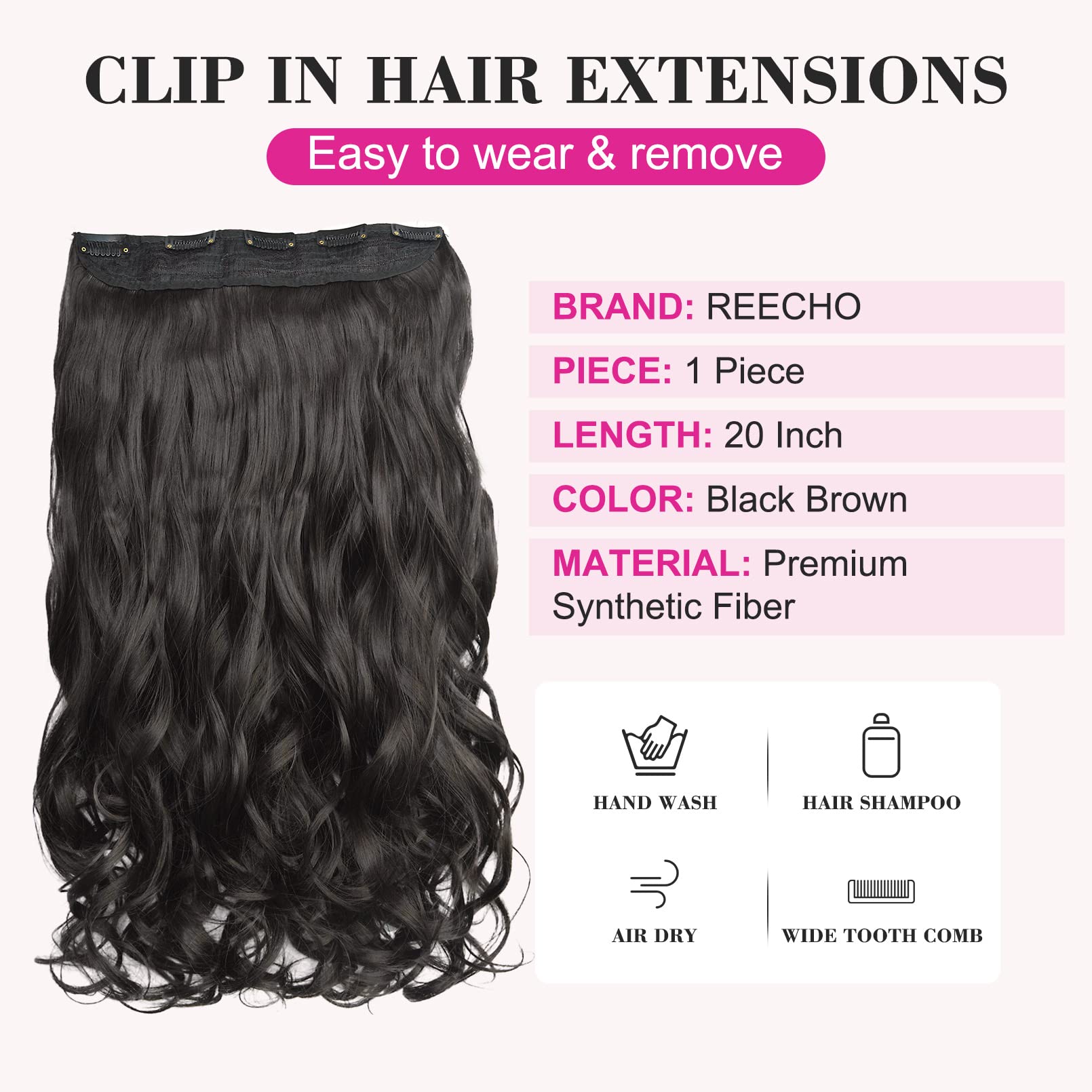 REECHO® 20 1-Pack 3/4 Full Head Curly Wave Clips in on Synthetic Hair Extensions Hairpieces for Women 5 Clips 4.6 Oz per Piece - Black brown