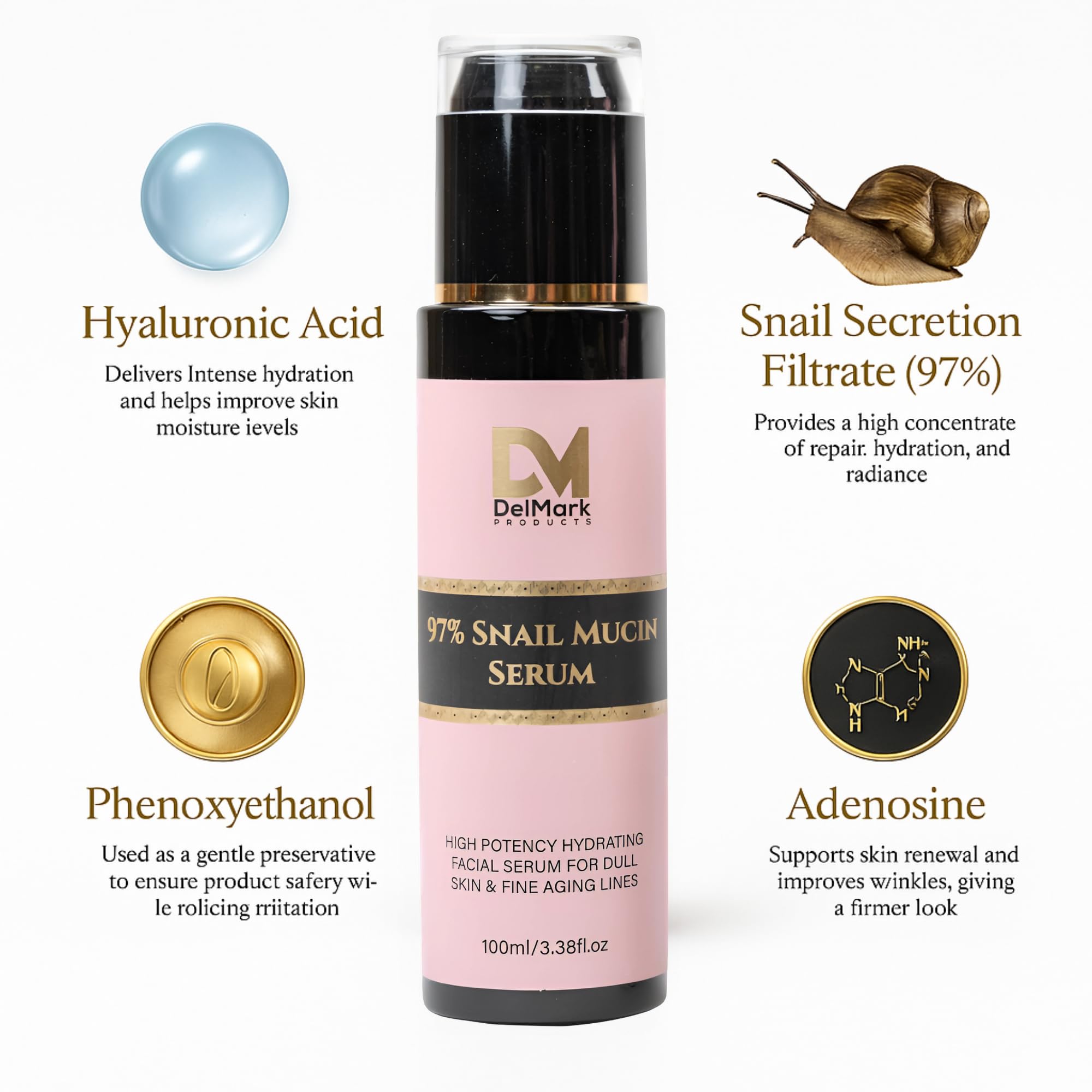 DelMark Products Snail Mucin Serum 100ML, 97% Snail Secretion Filtrate with Hyaluronic Acid, Power Repairing Essence, Dark Spot Remover, Korean Skincare, Hydrating Serum for Face, Eye, and Neck