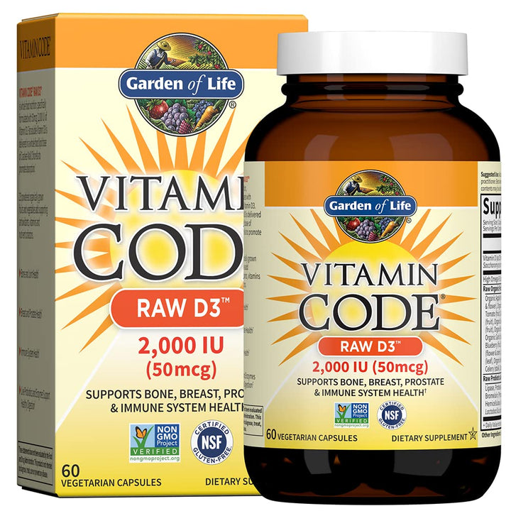 Garden of Life Vitamin D, Vitamin Code Raw D3, Vitamin D 2,000 IU, Raw Whole Food Vitamin D Supplements with Chlorella, Fruit, Veggies & Probiotics for Bone & Immune Health, 60 Vegetarian Capsules