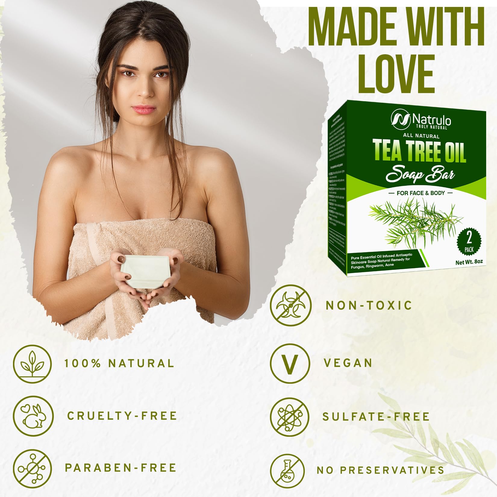 Tea Tree Oil Soap Bar for Face & Body, 4oz –All Natural Remedy Skin Cleanser – Pure Essential Oil Infused Skincare Cleansing Soap for Dirt & Acne - Tea Tree Face & Body Wash Made in USA