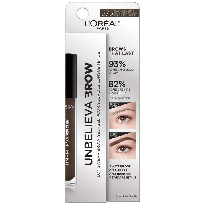 L'Oreal Paris Unbelieva-Brow Longwear Waterproof Tinted Brow Gel, Smudge-resistant, Transfer- Proof, Quick Drying, Easy and quick application with precise brush, Dark Brunette, 0.15 fl. oz.