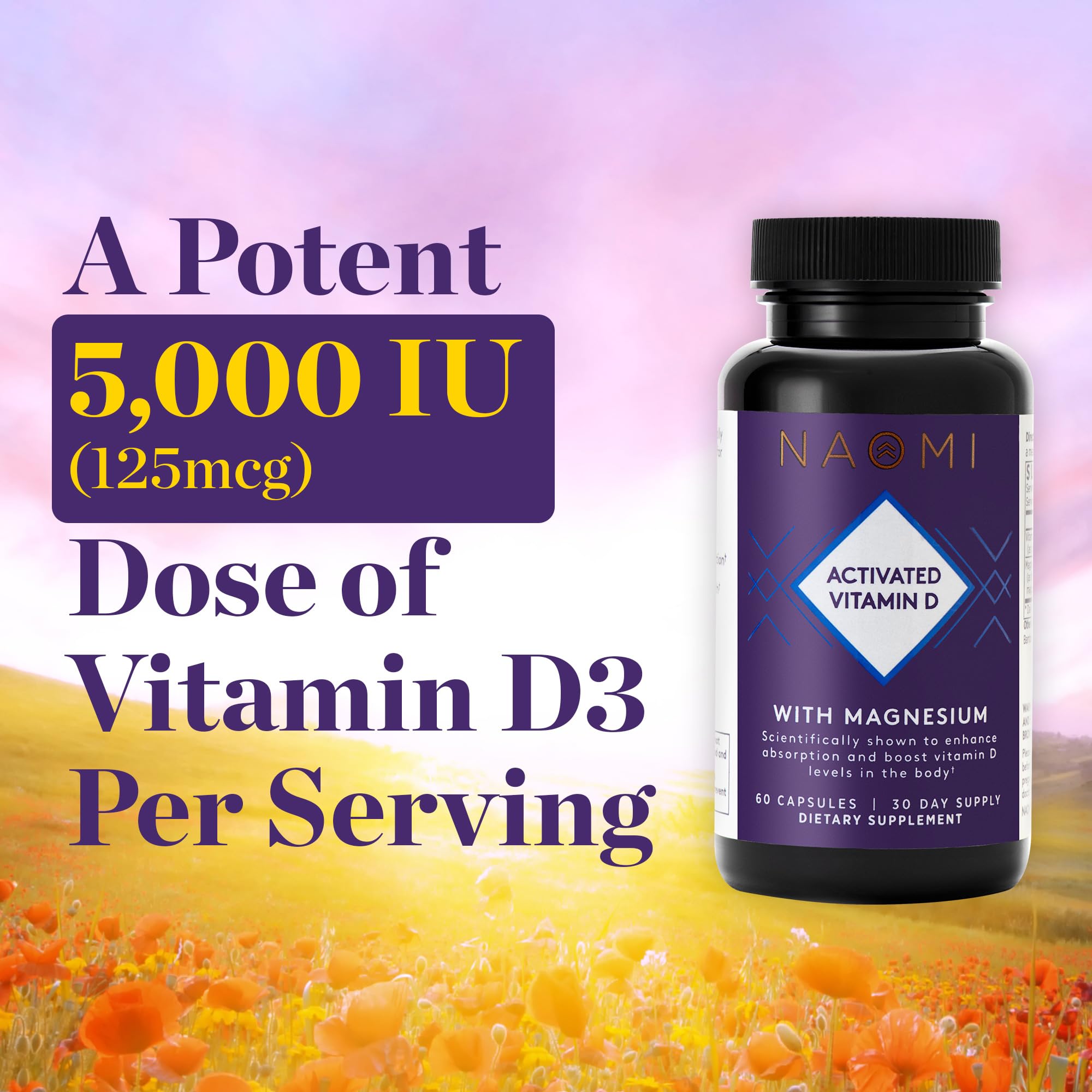 NAOMI Activated Vitamin D3 5000 IU (125 mcg) Supplement with Magnesium for Strong Bones, Teeth, Muscle, Immune and Mood Support, Non-GMO, Gluten Free, 60 Veggie Caps, 30 Day Supply