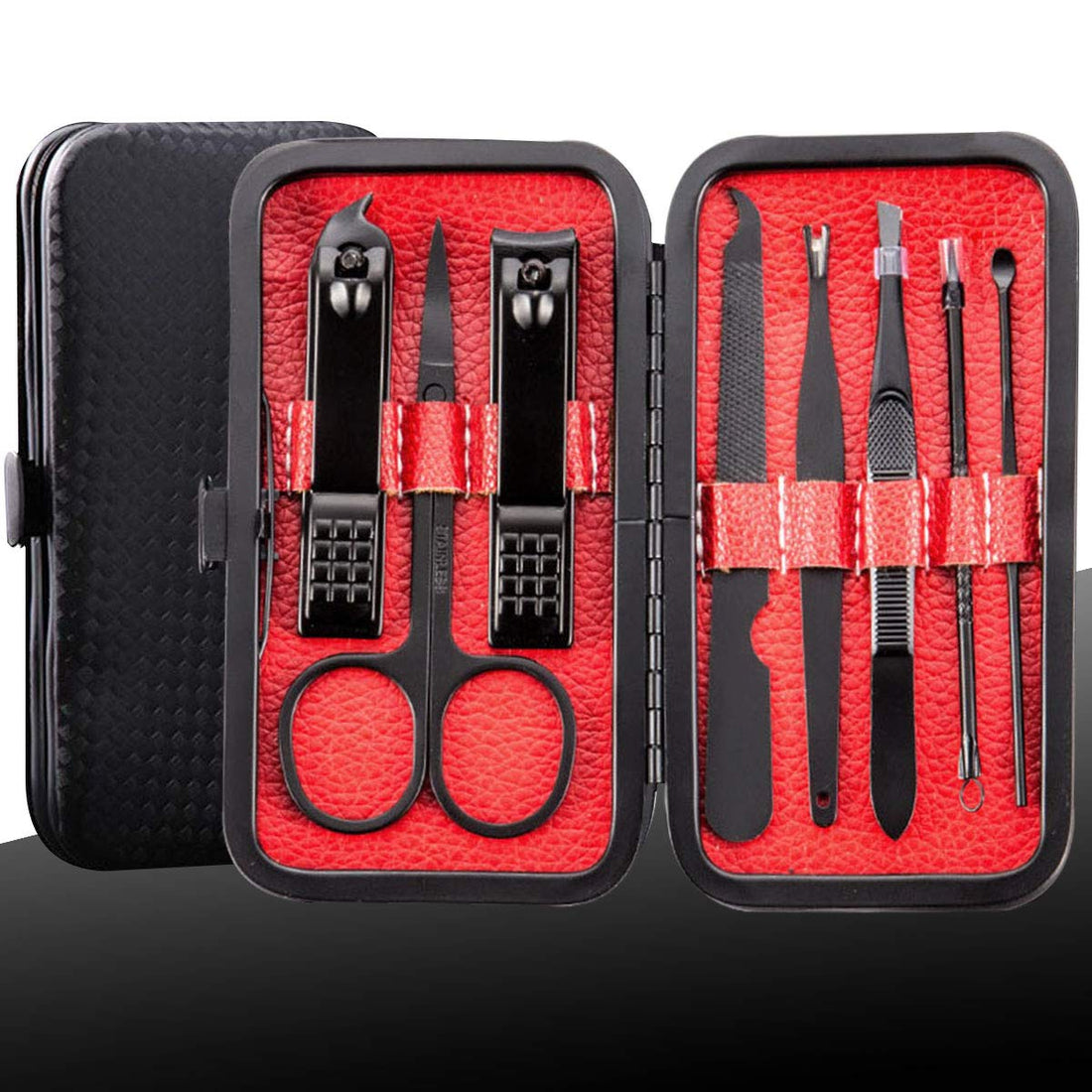 Manicure Kit Nail Clippers Set Stainless Steel Professional Pedicure Black 15 Pieces Grooming Scissors Cutter Ear Pick Tweezers Scissors Eyebrow file for Man&Women gift (black/blue_15in1)