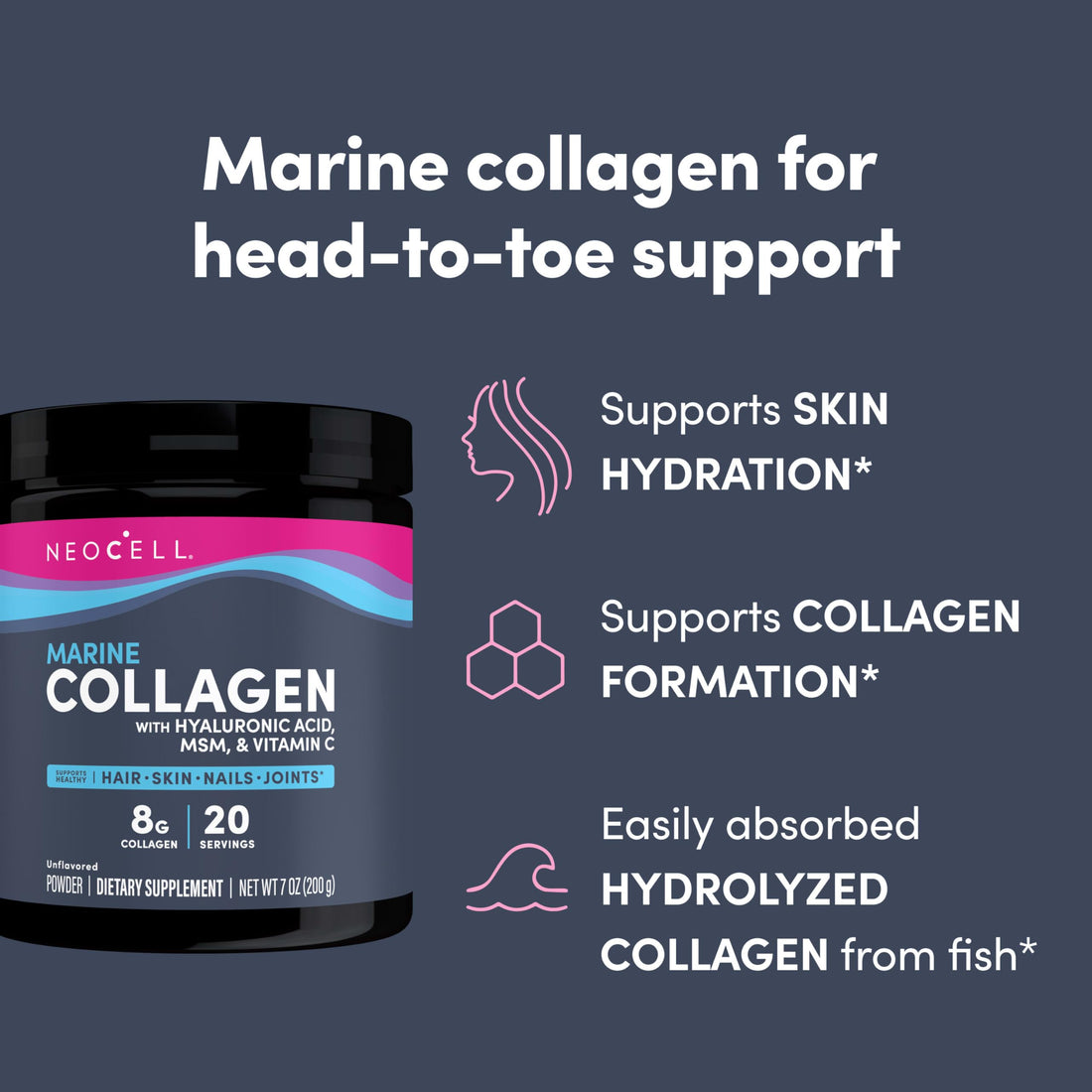 Neocell Marine Collagen with Hyaluronic Acid, MSM and Vitamin C, Keto Collagen Supplements, for Skin Care and Joint Health, Unflavored, Powder, 7 oz, 1 Canister