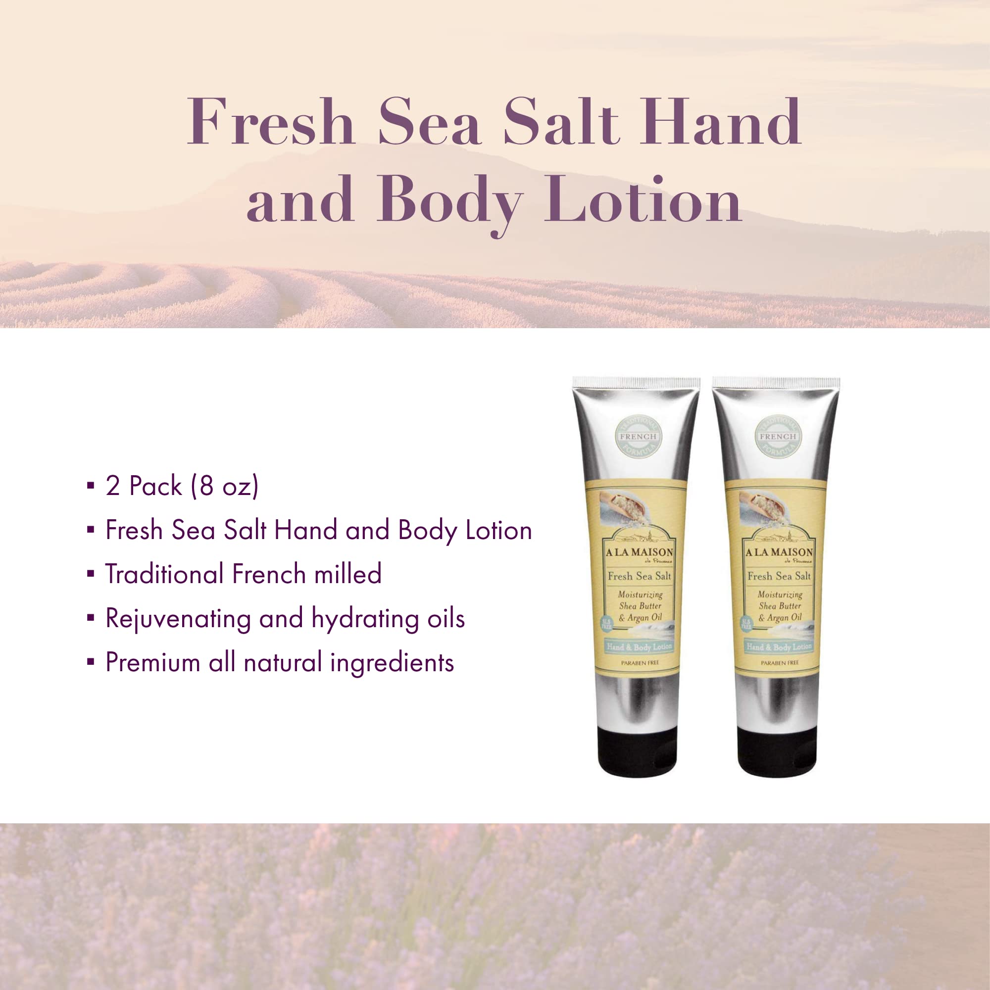 A LA MAISON Moisturizing Lotion, Fresh Sea Salt - Uses: Hand and Body, Argan Oil, Pure Shea Butter, Essential Oils, Plant Based, Cruelty-Free, SLS and Paraben Free (8 Oz, 2 Pack)