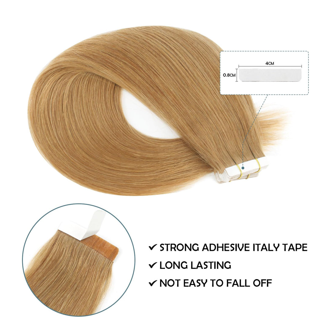 Sassina 8A Grade Reusable, Invisible, Seamless Skin Weft Human Extensions Double Side Tape in Extension Strawberry Blonde 20Pcs 50g/set (27# 18) : 18 inch, Strawberry Blonde