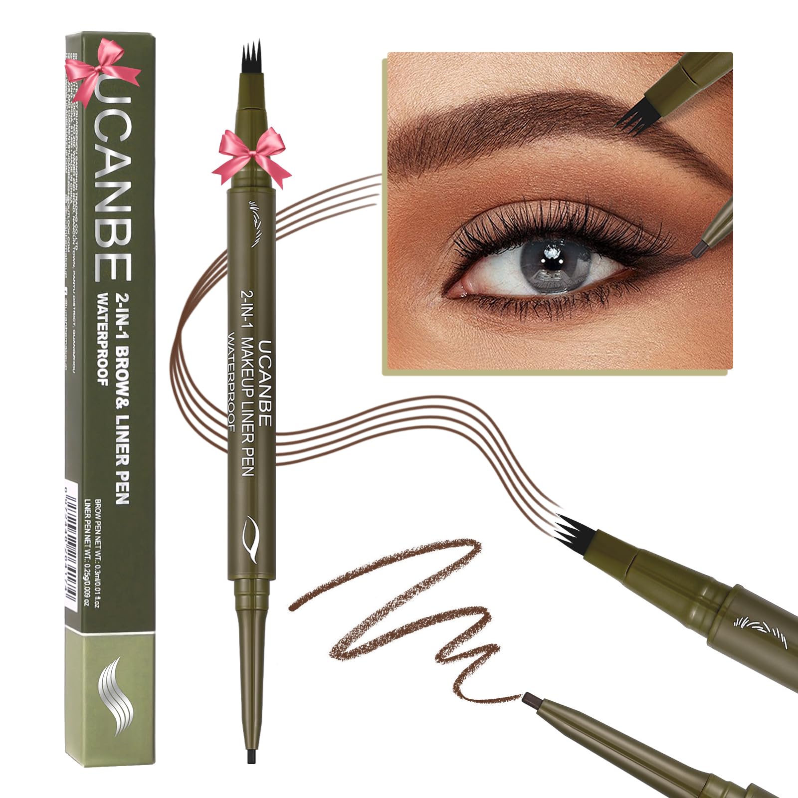 UCANBE Eyebrow Pen, Dual-Ended Eyebrow Pencil with 4-Fork-Tip & Gel Eyeliner for Women, Eye Brow Pen with Gel Eyeliner Pencil, Microblading Eyebrow Pencils with Hair Like Strokes, Light Brown