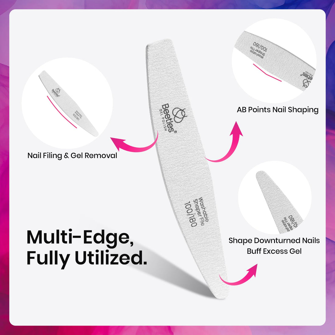 Beetles Nail File Nail Buffer, 3 Pcs Nail Files and Buffers for Acrylic and Natural Nails, 100/180/240 Grit Finger Nail Files & Buffers for Gel Nails Polish Home Salon Manicure Gift for Women
