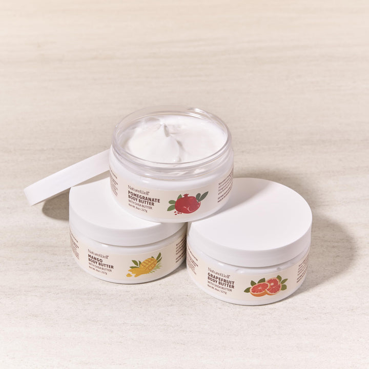 NATURE WELL Shea Body Butter Variety Pack, Includes Grapefruit, Mango, & Pomegranate, Provides Ultimate Nourishment & Hydration, 3 Pack (8 Ounces Each)