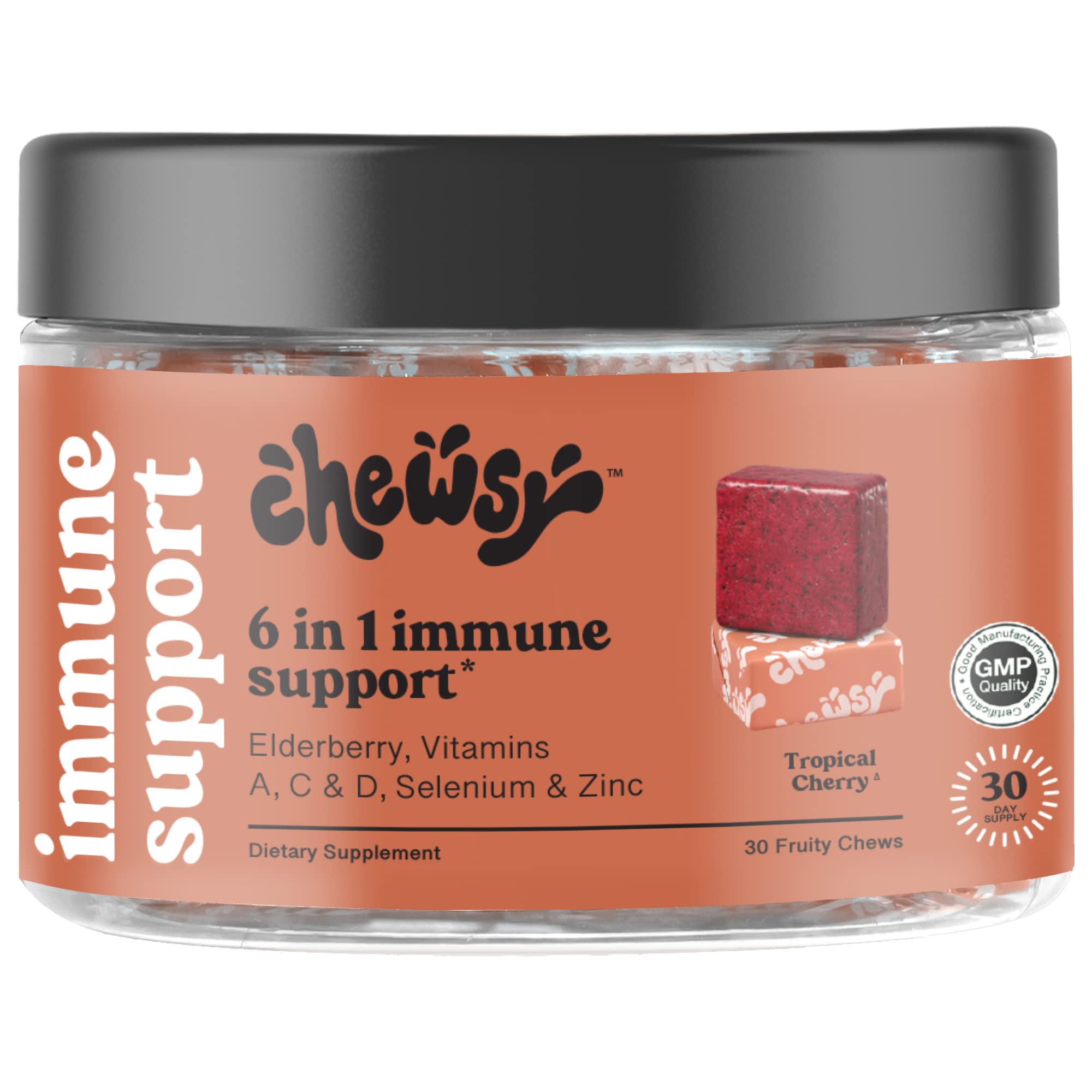 Chewsy 6-in-1 Immune Support Supplement Fruity Chews with Elderberry, Vitamin C, A & D, Zinc & Selenium - 30-Day Supply, Individually Wrapped Immunity Vitamins Chews for Adults and Kids (1)