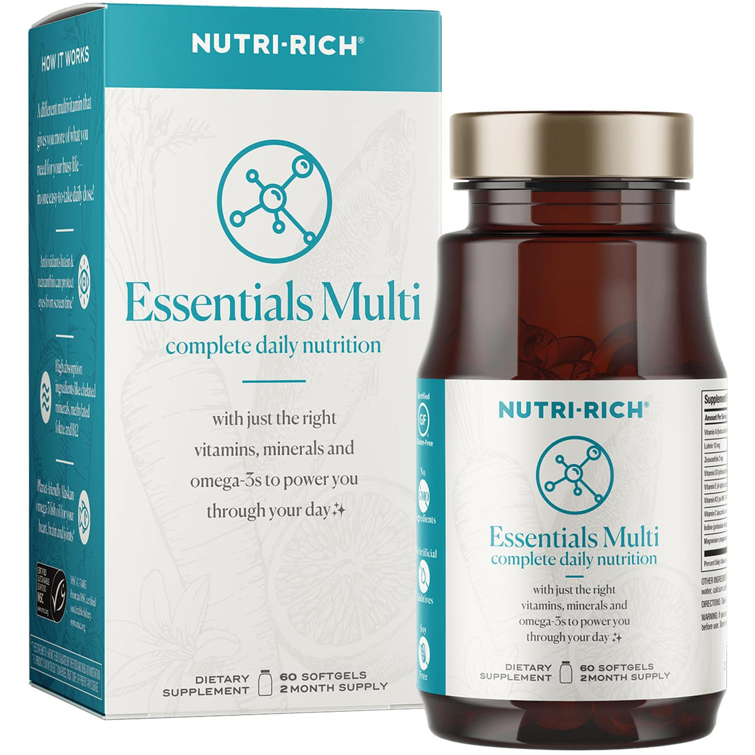 Nutri-Rich Essentials Multi | Multivitamin for Adults Softgel with Iron Nutritional Support with Lutein, Energy, K2 for Bone Health, Vitamin D3, Minerals, and Sustainable Omega-3 EPA + DHA (60 Count)