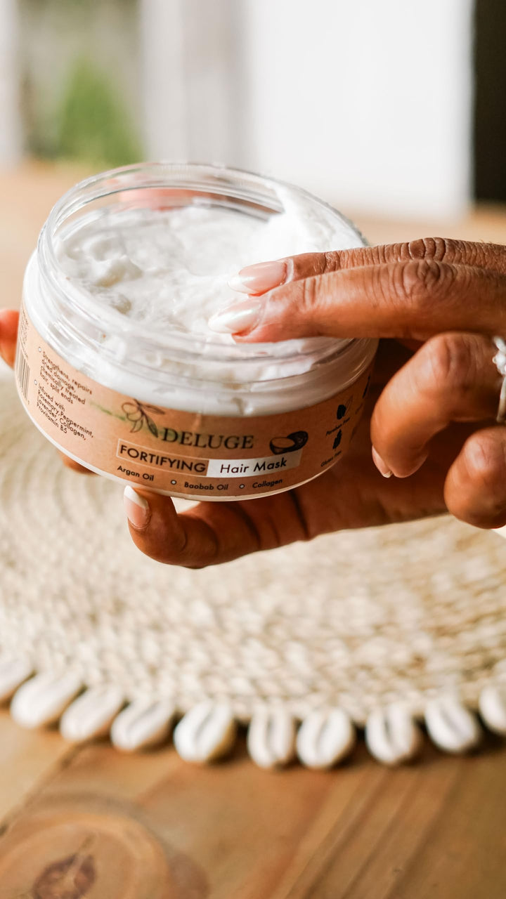 DELUGE - Fortifying Hair Mask with Baobab Oil, Coconut Oil and Olive Oil, Restores, Repairs and Nourishes Dry Damaged Hair- Collagen + ProVitamin B5 -Net Wt. 8 oz