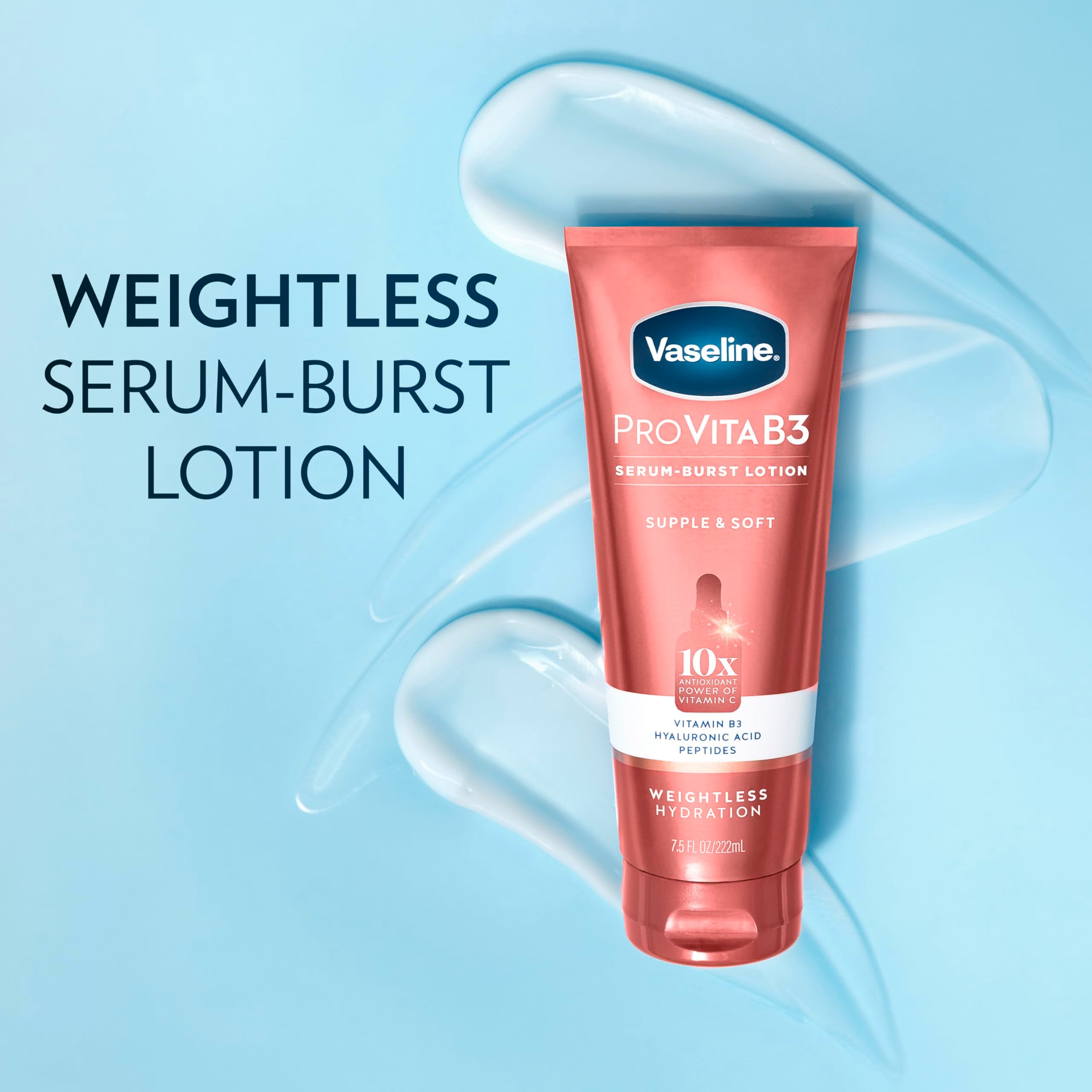 Vaseline Pro VitaB3 Serum Burst Lotion Supple & Soft Healthy, Hydrated Skin, Lightweight 10x Antioxidant Power of Vitamin C with Vitamin B3, Hyaluronic Acid & Peptides, 7.5 fl oz