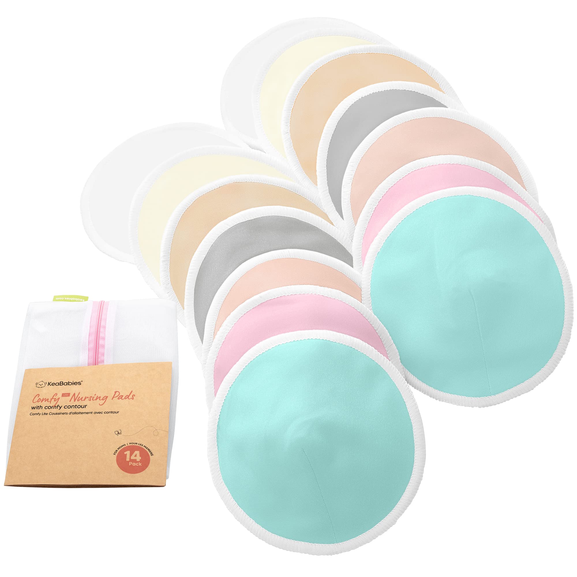 Organic Breast Pads - 14 Viscose Derived from Bamboo Washable Pads + Wash Bag, 3-Layers Breastfeeding Nipple Pad for Maternity, Reusable Nipplecovers for Breast Feeding(Pastel Touch Lite, L 4.8)