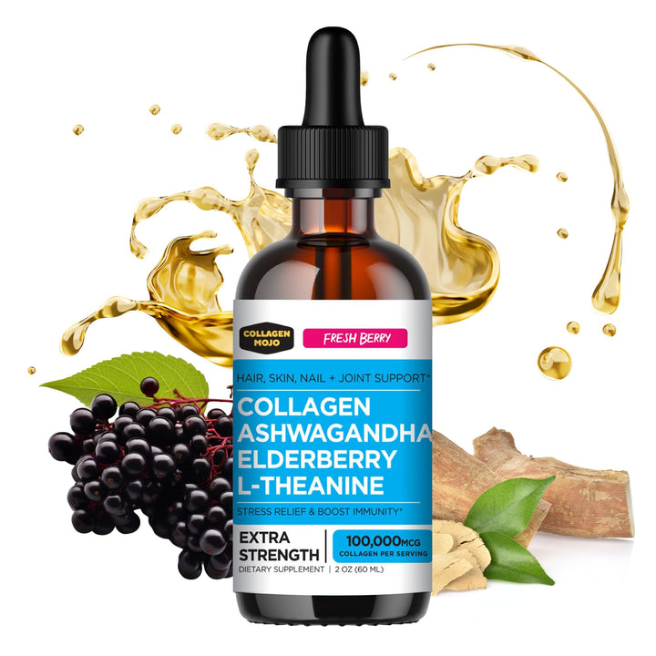 Collagen Mojo - Liquid Collagen for Women & Men, Collagen Peptides with Ashwagandha, Elderberry & L-Theanine - Hair, Skin, Nails, Joint & Stress Support, High Absorption - 100,000mcg, 2 Oz