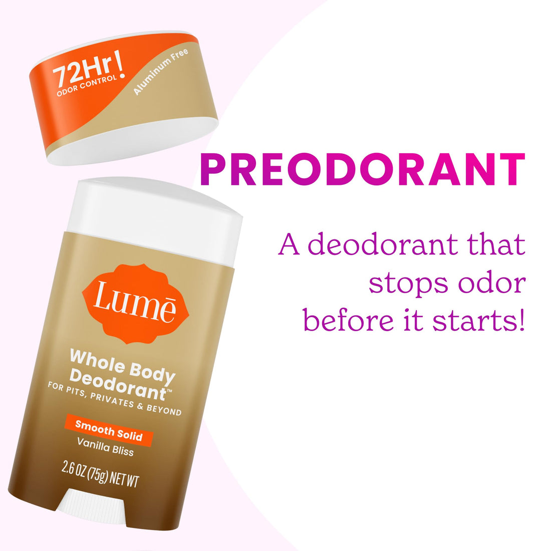 Lume Whole Body Deodorant - Smooth Solid Stick - 72 Hour Odor Control - Doctor Developed - Aluminum Free, Baking Soda Free and Skin Loving - 2.6 Ounce (Pack of 2) (Vanilla Bliss)