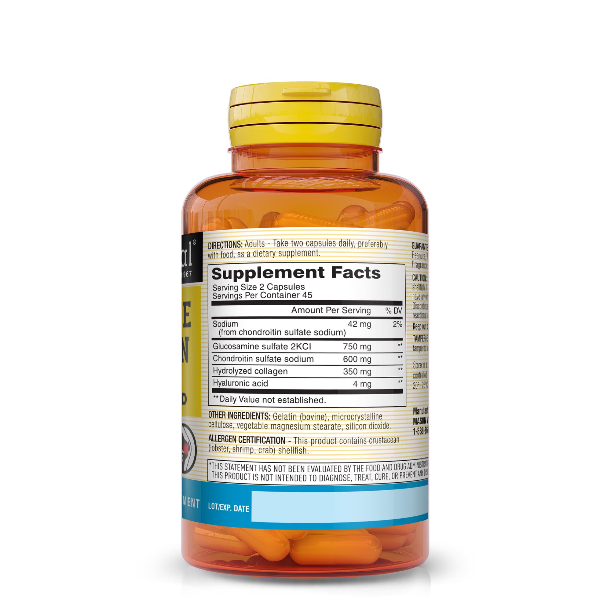 MASON NATURAL Glucosamine Chondroitin with Collagen & Hyaluronic Acid, 45-Day Supply Capsules for Normal Joint, Mobility, Flexibility, & Aging Support
