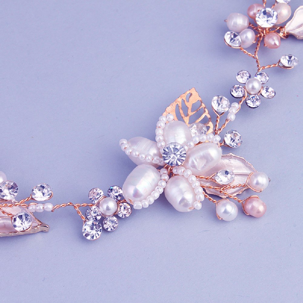 Ammei Bridal Crystal Headband with Freshwater Pearls Fer Design Wedding Hair Accessories (Rose Gold)