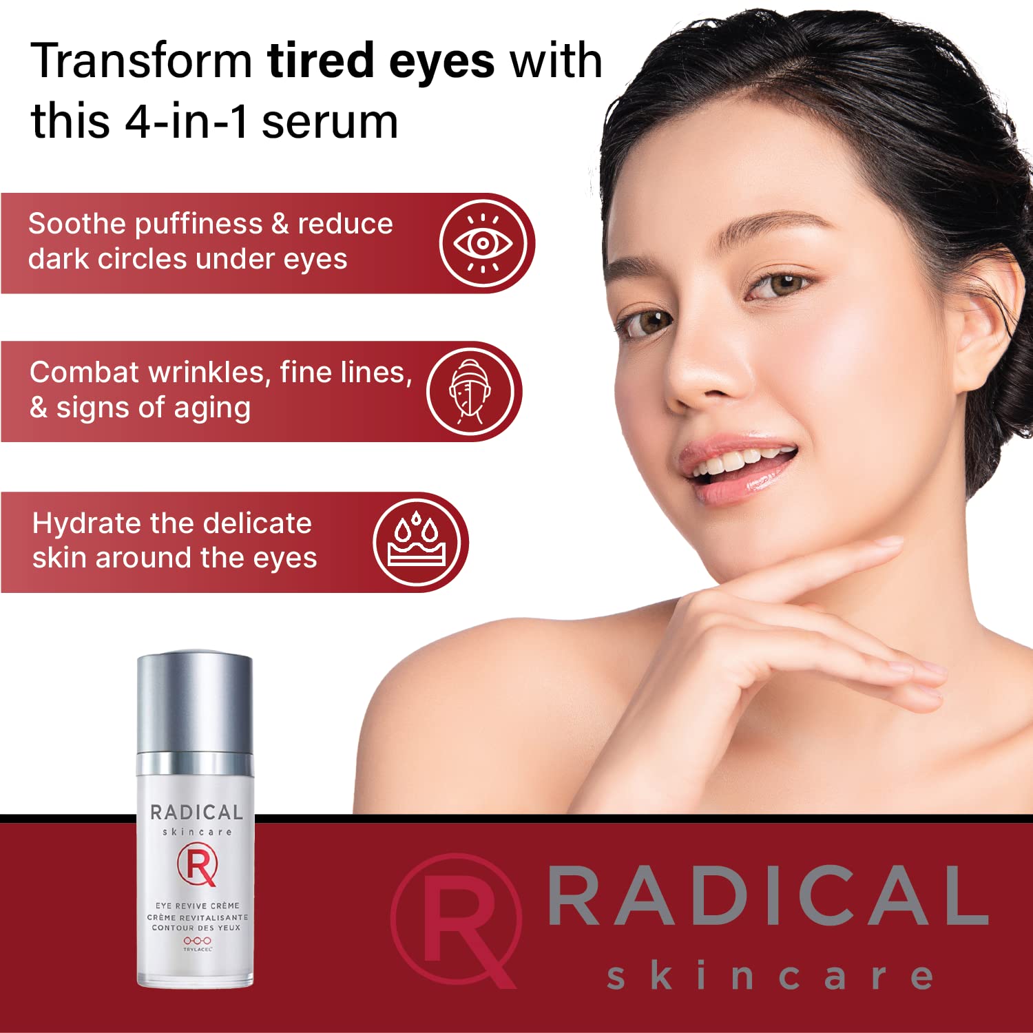 Radical Skincare Eye Revive Creme, 0.5 Fl Oz - 4-in-1 Anti-Aging Solution Combats Wrinkles, Dark Circles, Puffiness, and Fine Lines | For All Skin Types Including Sensitive Skin | Paraben Free | Clin