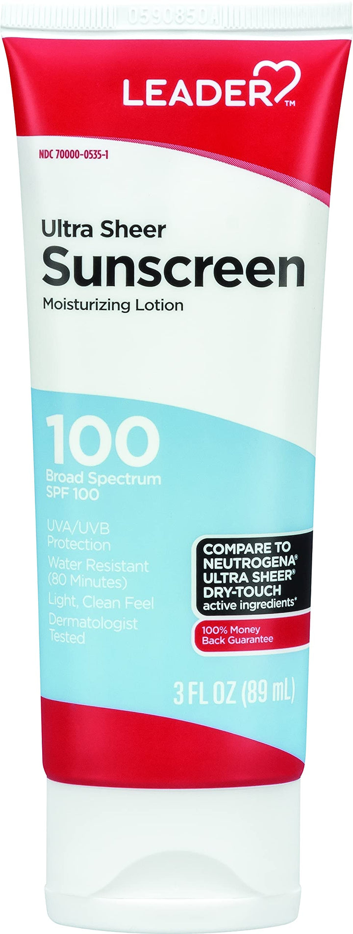 LEADER Travel Sunscreen SPF 100+, Ultra Sheer Dry-Touch Water Resistant and Non-Greasy Lotion with Broad Spectrum SPF 100+, 3 Fl Oz