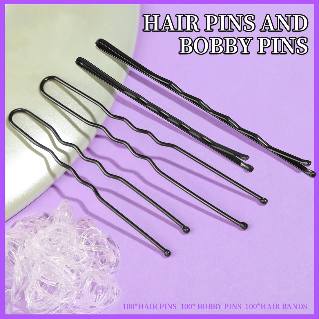 Teenitor 300pcs Hair Pins Bobby Pins Black, 100 Black Bobby Pins 100 Hair Pins for Women and 100 Clear Hair Bands Kit, U Pins for Buns 2 2.36 and Bobby Pins 2 2.75
