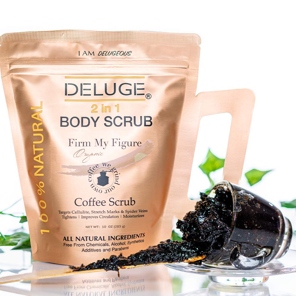 Organic Coffee Body Scrub, Tightens, Tones, Reduces Cellulite 100% Natural 10 Oz By Deluge New Packaging By Deluge