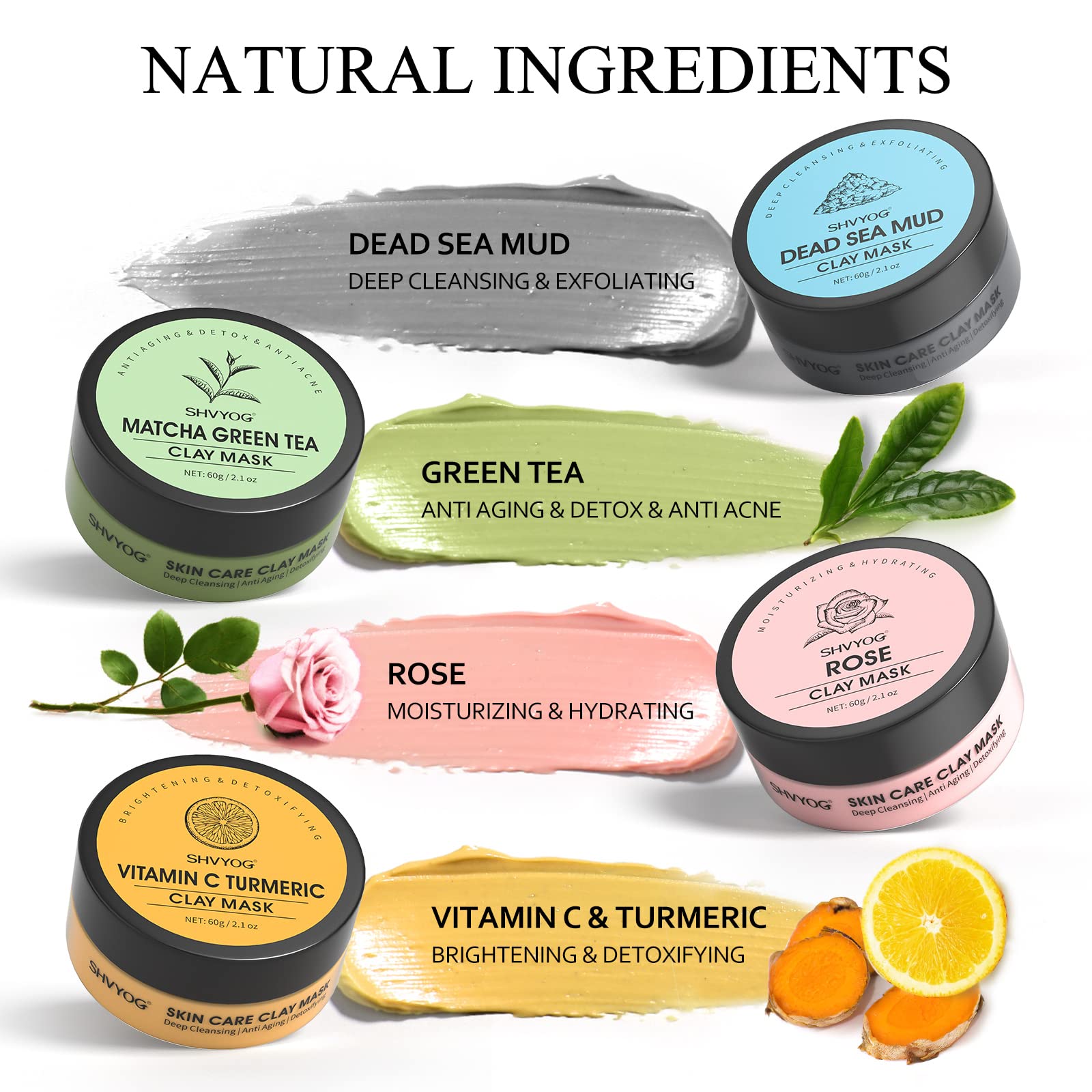 4 Pcs Clay Facial Mask Set - Turmeric, Vitamin C, Green Tea, Dead Sea Mud, and Rose Clay Skin Care Mask for Deep Cleansing, Moisturizing, and Refining Pores - 240g