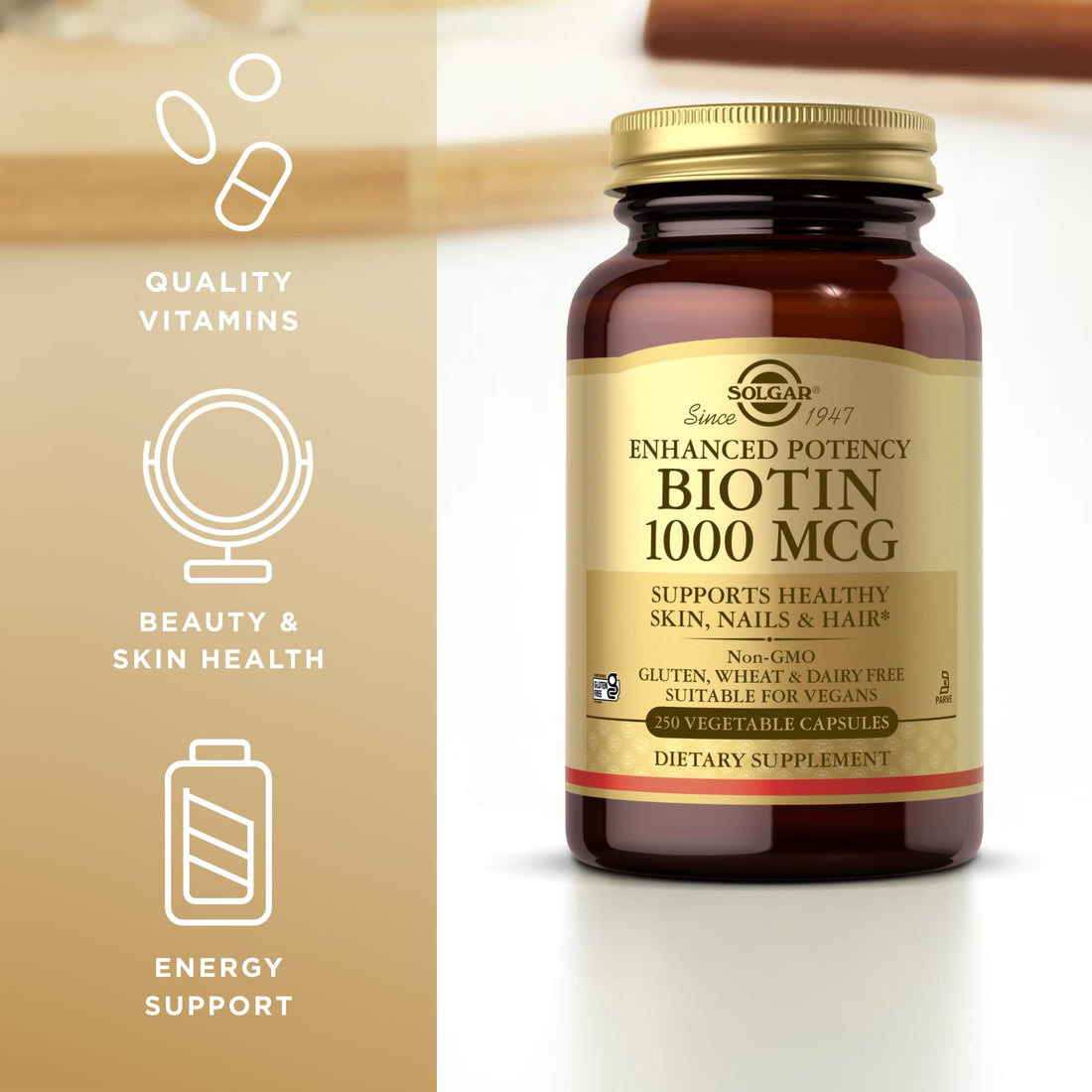 Solgar Biotin 1000 mcg - 250 Vegetable Capsules - Supports Healthy Skin, Nails & Hair - Non-GMO, Vegan, Gluten Free, Dairy Free, Kosher - 250 Servings