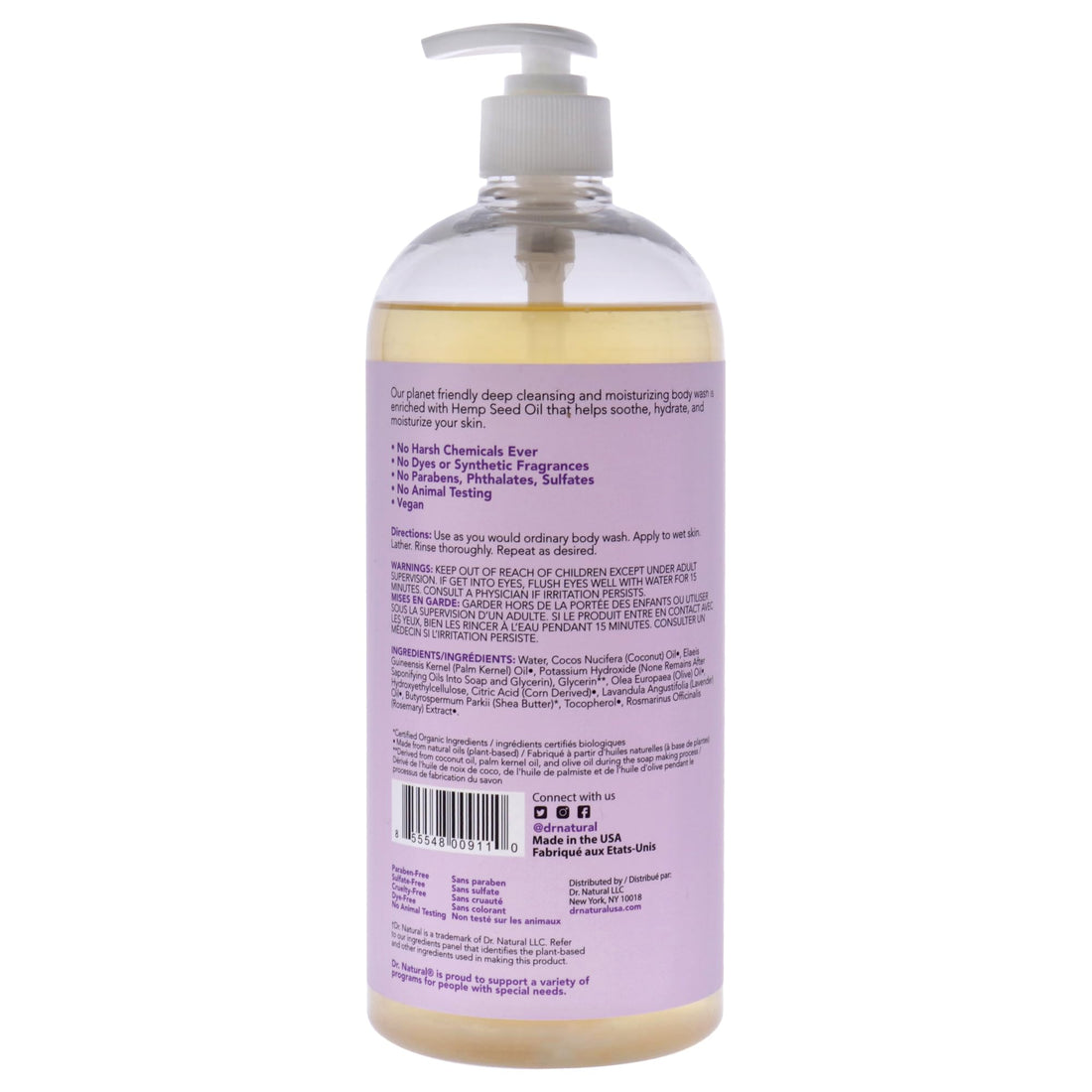 Dr. Natural Calming Lavender Oil Body Wash - Dry Skin Moisturizing Natural Body Wash with Shea Butter and Coconut Oil - For Family and Pets - 32 oz