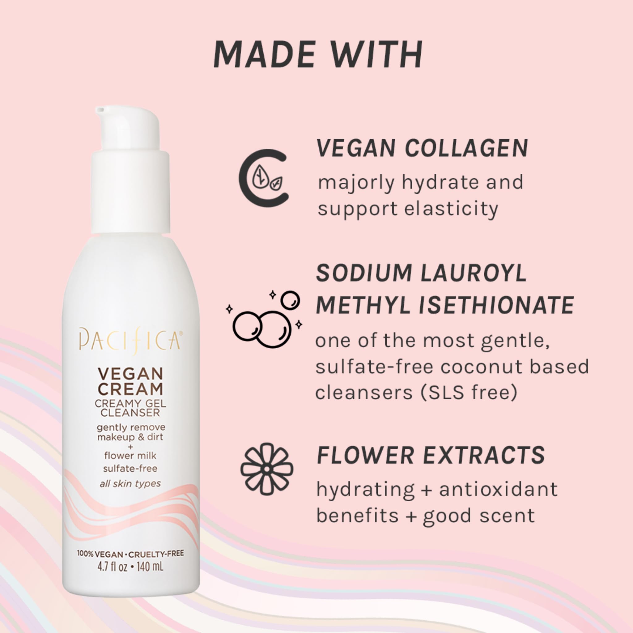 Pacifica Vegan Cream Gel Facial Cleanser – Collagen Daily Foaming Face Wash & Makeup Remover, w/Botanical & Flower Milk Extracts, Hydrating, Antioxidants, Vegan, Clean Beauty, Dermatologist Tested