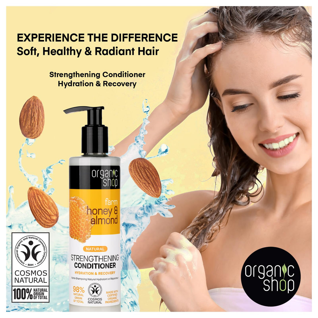 Organic Shop Honey & Almond Strengthening Conditioner, Hydrate Moisturizing Restorer, Softens and Deeply Hydrates Dry Damaged Hair, Paraben-Free, Sulfate-Free Surfactants. 100% Vegan - Organic