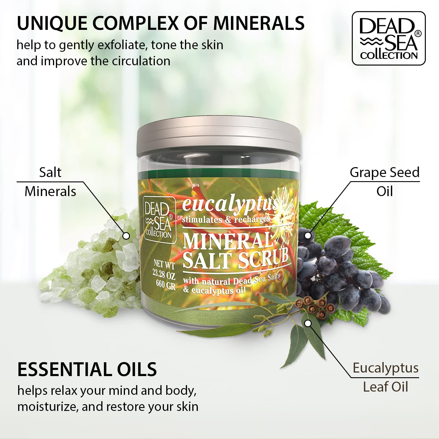 Dead Sea Collection Eucalyptus Salt Scrub – Exfoliating Body Scrub for Women – Moisturizing and Nourishing Skin – with Pure Oils and Dead Sea Minerals (23.28 Oz)