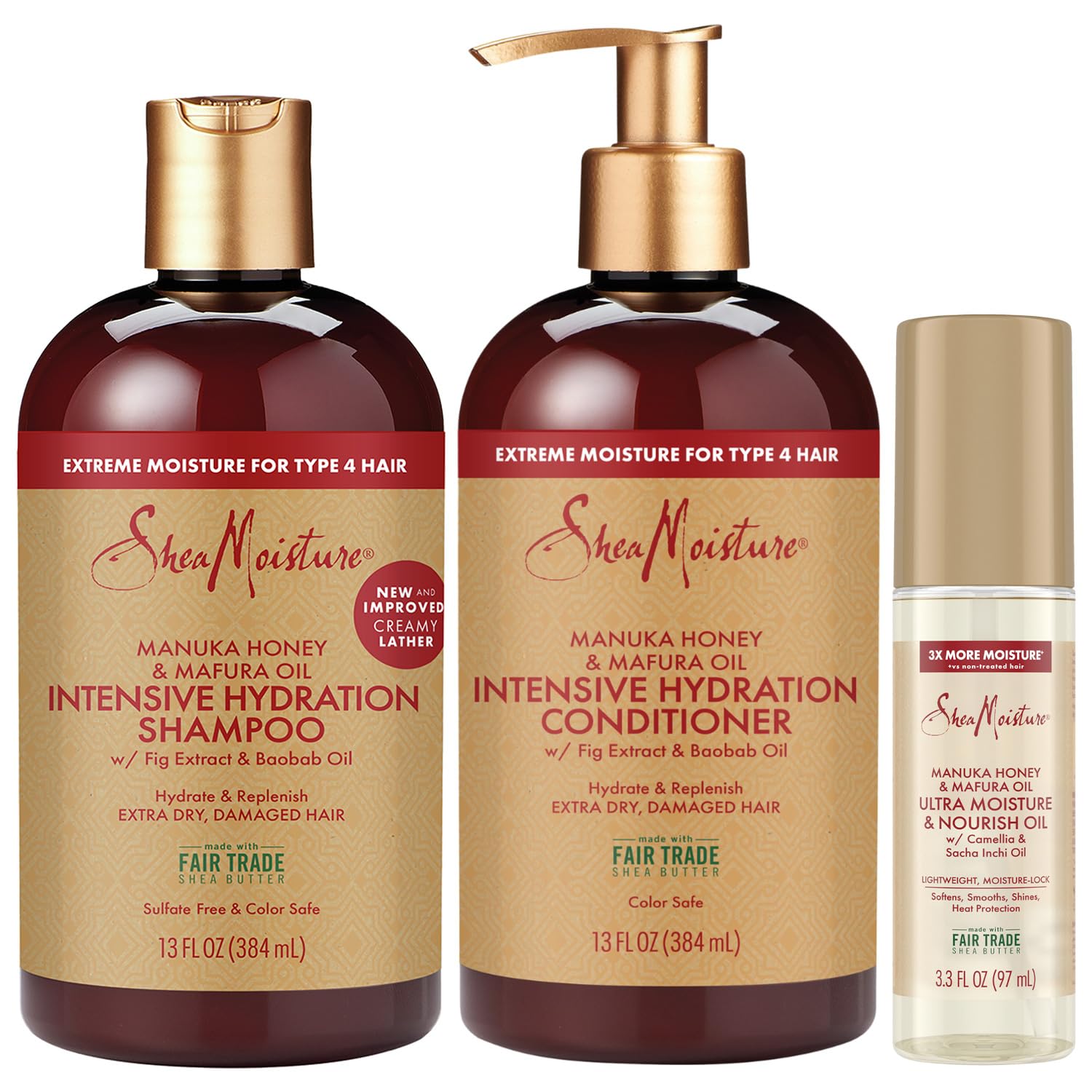 Shea Moisture Shampoo & Conditioner Set + Ultra Moisture & Nourish Oil Gift Set –Manuka Honey & Mafura Oil Treatment for Dry, Damaged Hair (3 Piece Set)