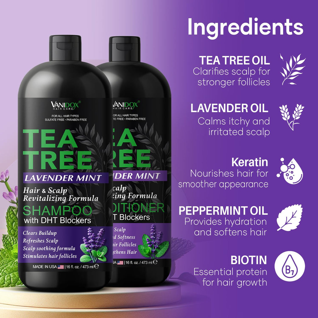 VANIDOX Tea Tree Lavender Mint Shampoo and Conditioner Set with 100% Pure Tea Tree Oil for Itchy, Dry Scalp - Deep Moisturizing & Cleansing - Sulfate & Paraben Free - Made in USA - 16 fl oz Each