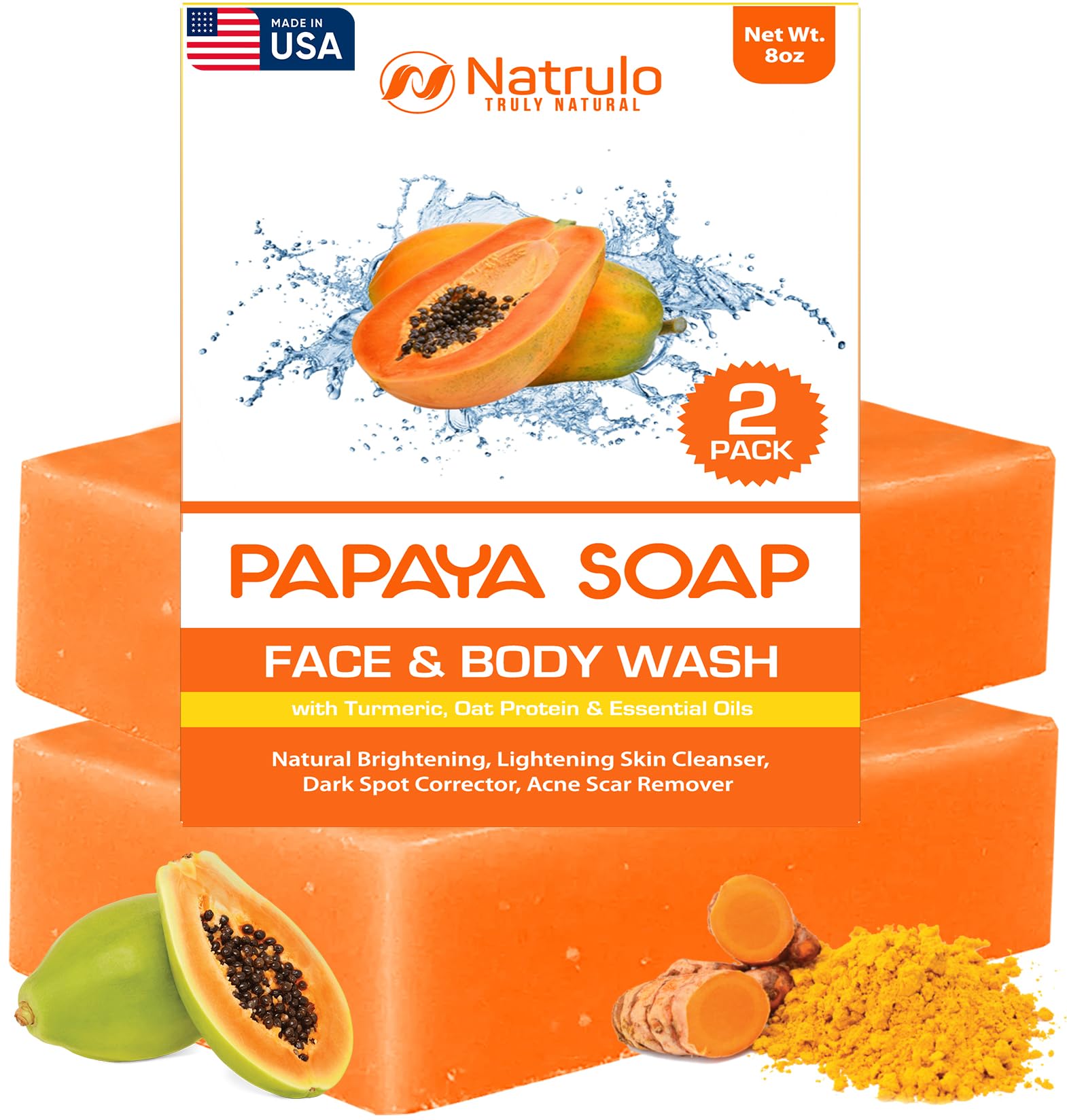 Papaya Soap Face & Body Wash – Skin Brightening Papaya Soap Bar for Dark Spots – Reduce Acne, Cleanse Scars, & Even Skin Tone – with Turmeric, Kojic Acid & Essential Oils – for All Skin Types (2 pack)