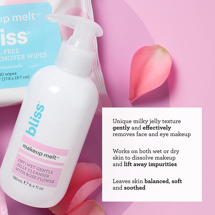 Bliss Makeup Melt Jelly Cleanser | Suitable on Dry/Wet Skin | Super-Gentle with Soothing Rose Flower | Paraben Free, Cruelty Free | 6.4 fl oz