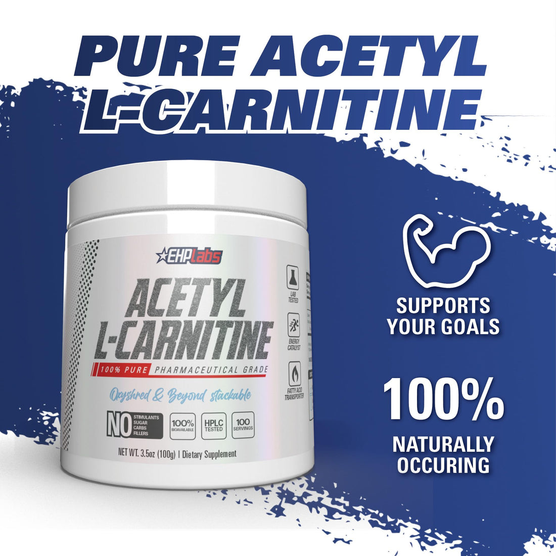 EHP Labs Acetyl L Carnitine Powder - Supports Natural Energy Production, Assists in Healthy Brain Function, Supports Heart Health, Vegan, Gluten Free, Non GMO - 100 Servings