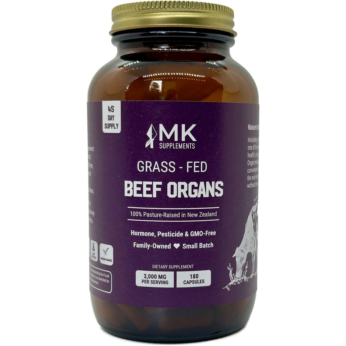 MK Supplements – Grass-Fed Beef Organs 3000 mg, 180 Beef Organs Capsules, Multivitamin, 100% Pasture-Raised in New Zealand, 45-Day Supply, Liver, Heart, Kidney, Spleen, Pancreas