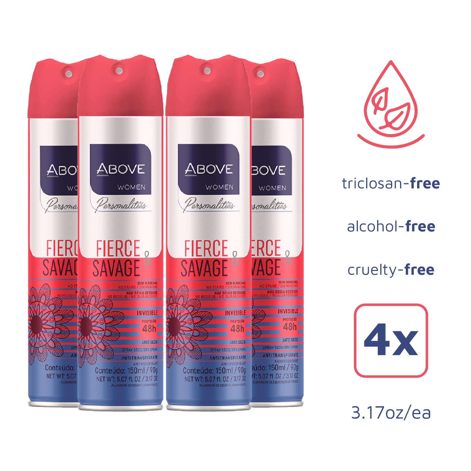 Above Spray Deodorant for Women (Fierce Savage) -48 Hour Deodorants & Antiperspirants Dry Spray- NO White Marks,- Cruelty Free, NO Alcohol, Triclosan- 3.17 oz - Pack of 4