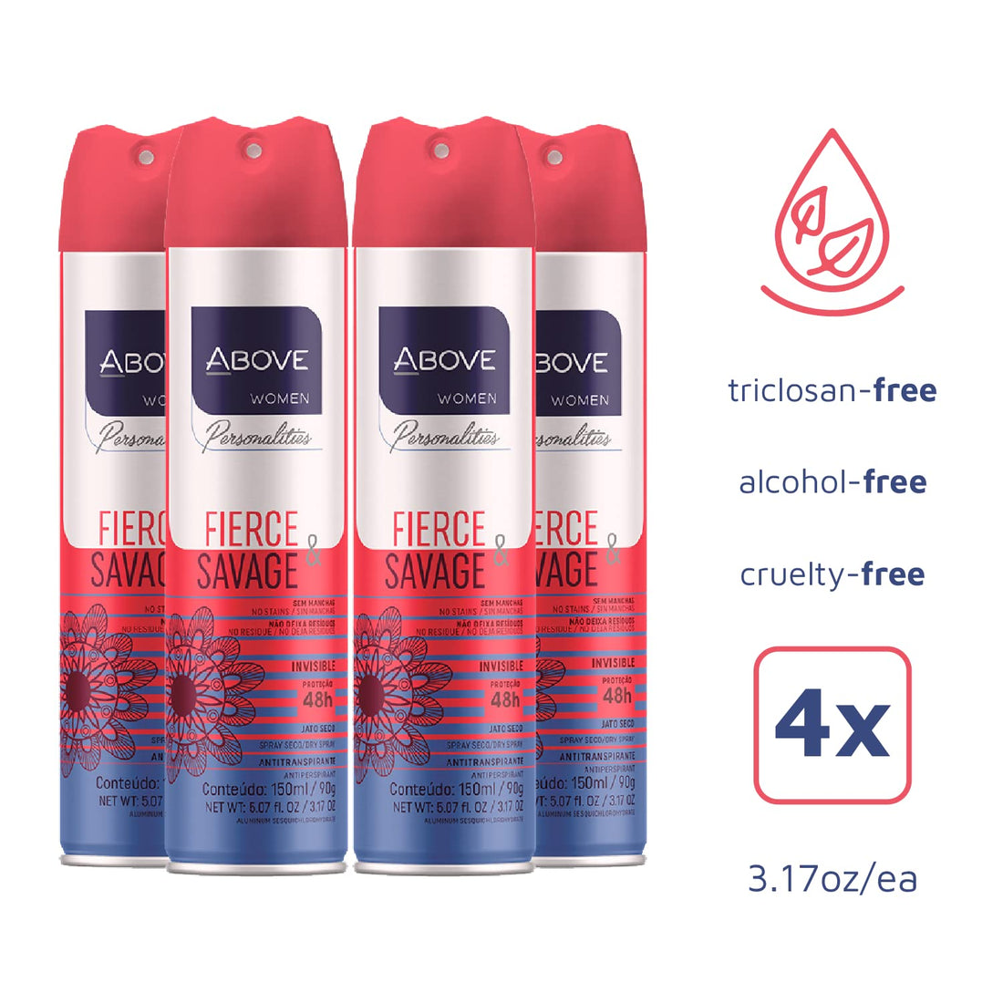 Above Spray Deodorant for Women (Fierce Savage) -48 Hour Deodorants & Antiperspirants Dry Spray- NO White Marks,- Cruelty Free, NO Alcohol, Triclosan- 3.17 oz - Pack of 4