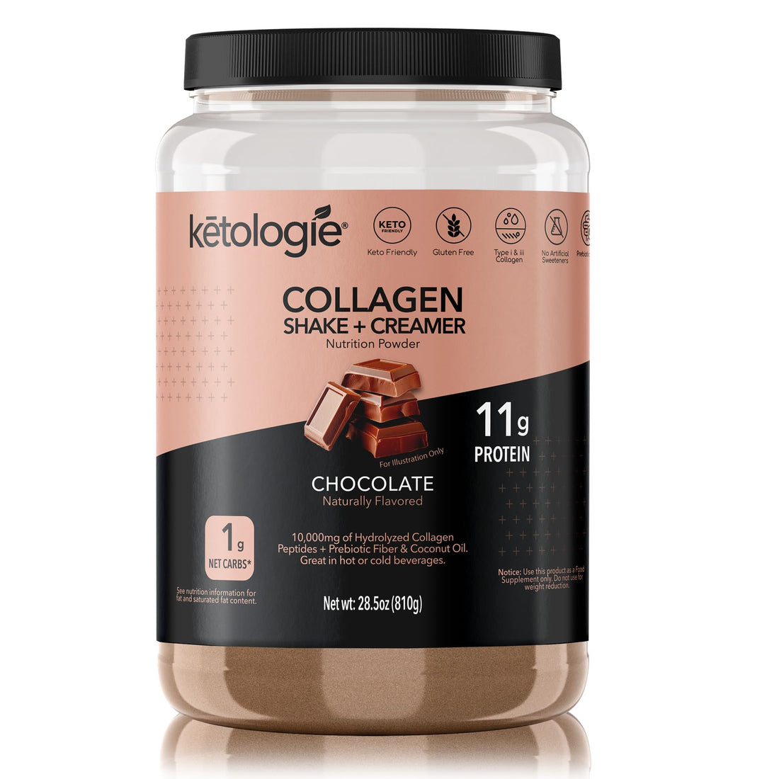 Ketologie Keto Collagen Shake (Chocolate) - with Coconut Oil, Prebiotics, Grass-Fed Hydrolyzed Collagen Peptides Type I & III, Low Carb, Gluten Free, 1.78lbs.