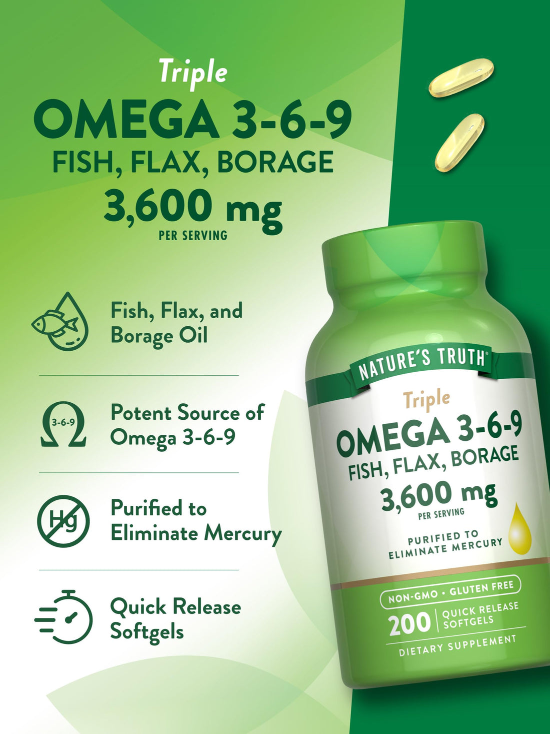 Nature's Truth Triple Omega 3 6 9 | 3600mg | 200 Softgels | Fish, Flax, Borage Oils Supplement | Non-GMO & Gluten Free Supplement